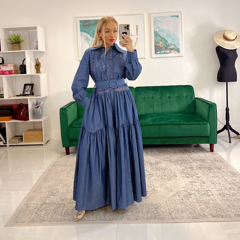 Miami O’clock Drop Denim Like Maxi Dress With Crochet Detail